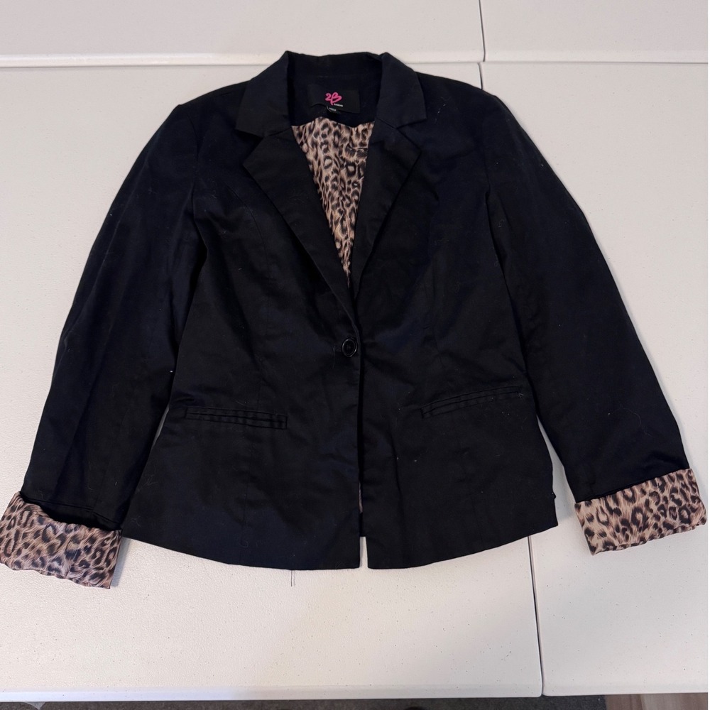 2b Bebe Black Single Button Blazer Leopard Print Lining Womens Large q3